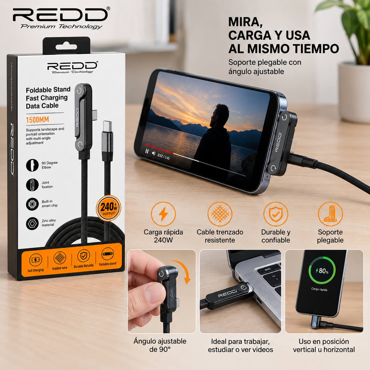 CABLE ENTRADA C DE CARGA RÁPIDA DE 240W CON SOPORTE PARA TELÉFONO