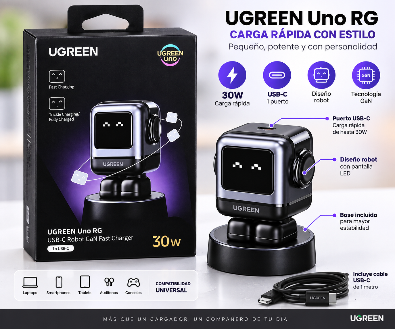 CARGADOR UGREEN UNO 30W USB-C PANTALLA LED ANIMADA BLACK