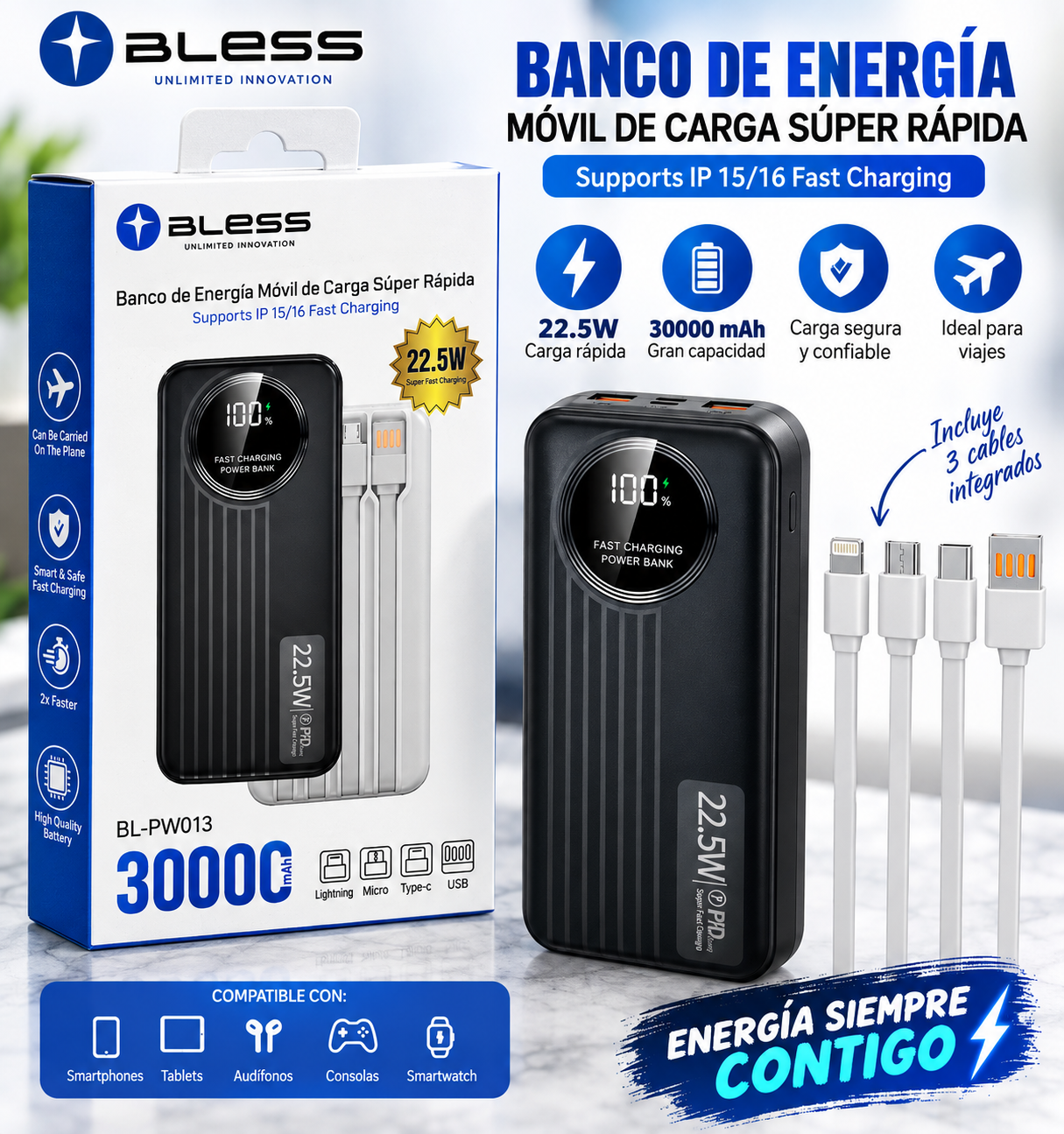 POWER BANK BLESS -30000 MAH.