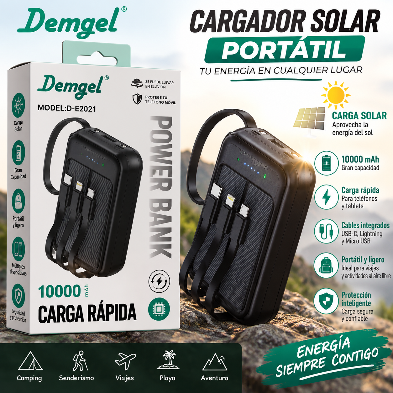 CARGADOR PORTÁTIL SOLAR DEMGEL 10000 mAh - MODEL: D-E2021