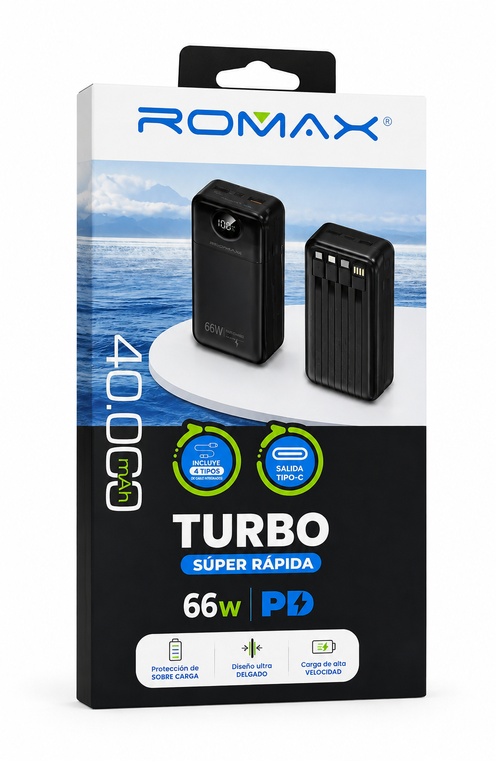 CARGADOR PORTÁTIL ROMAX 40.OOO mAh - 4 CABLES
