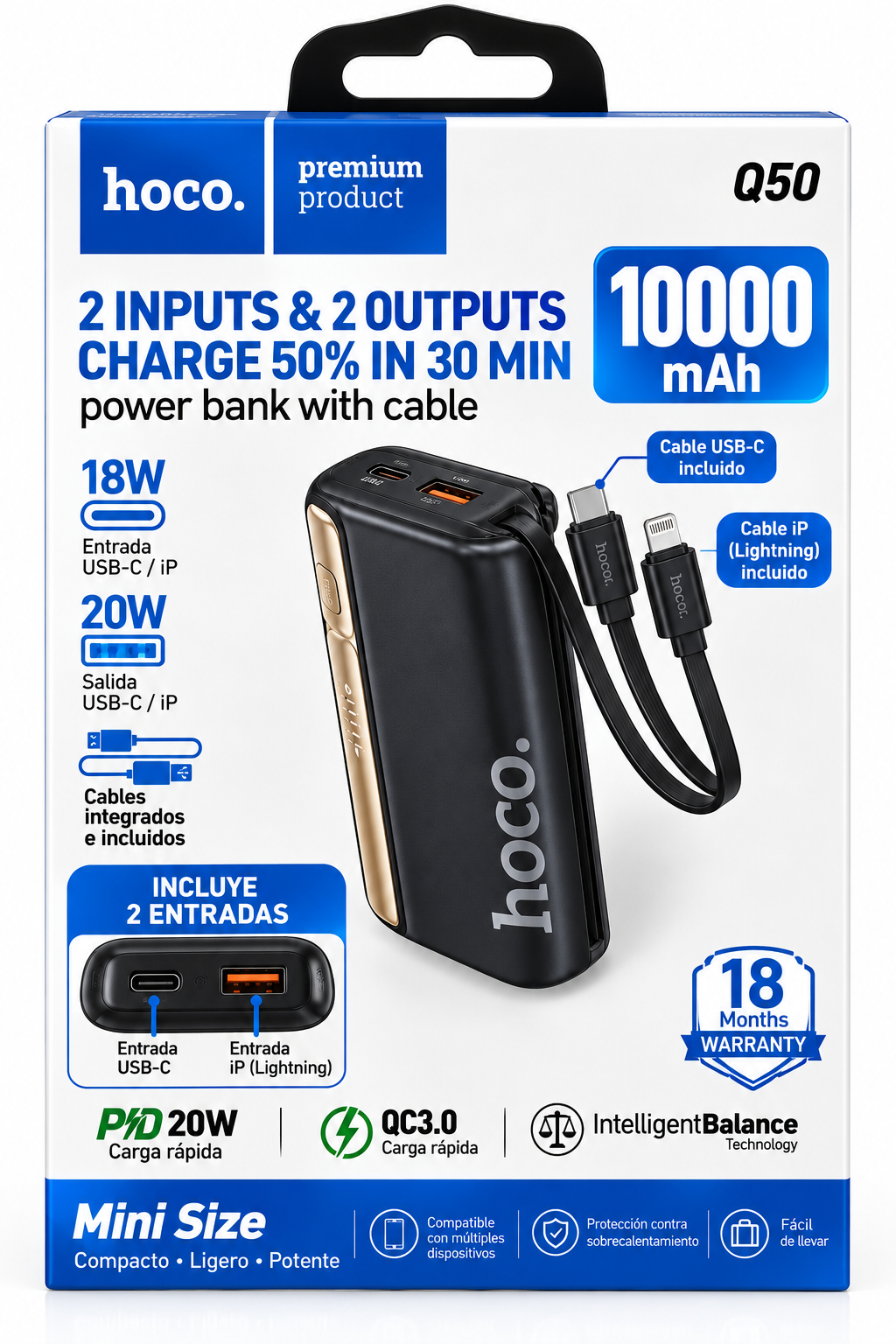 CARGADOR PORTÁTIL (POWER BANK HOCO. Q50) 10 000 MAH.